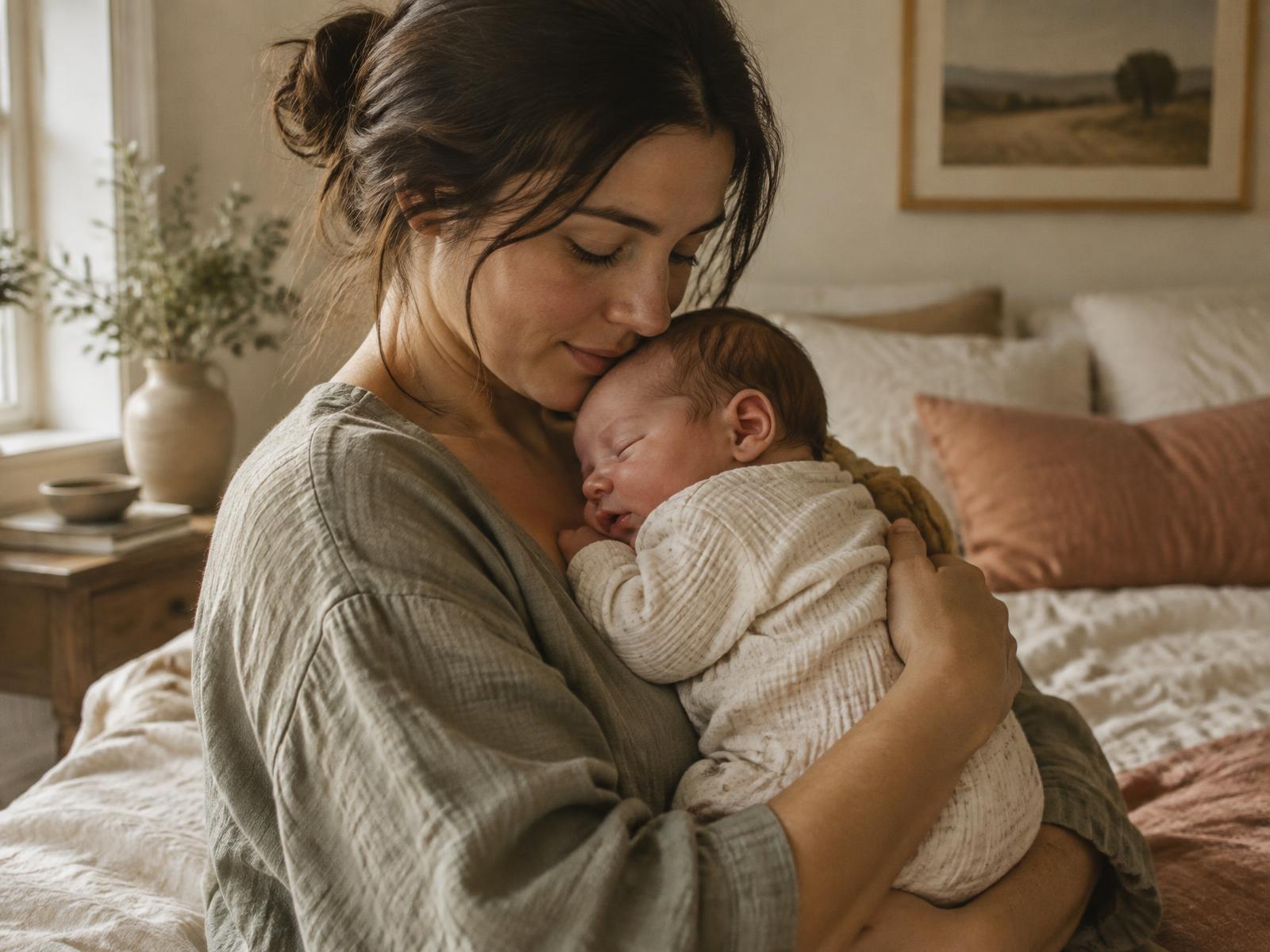 Mamma che tiene in braccio il suo neonato addormentato, nella luce naturale di casa